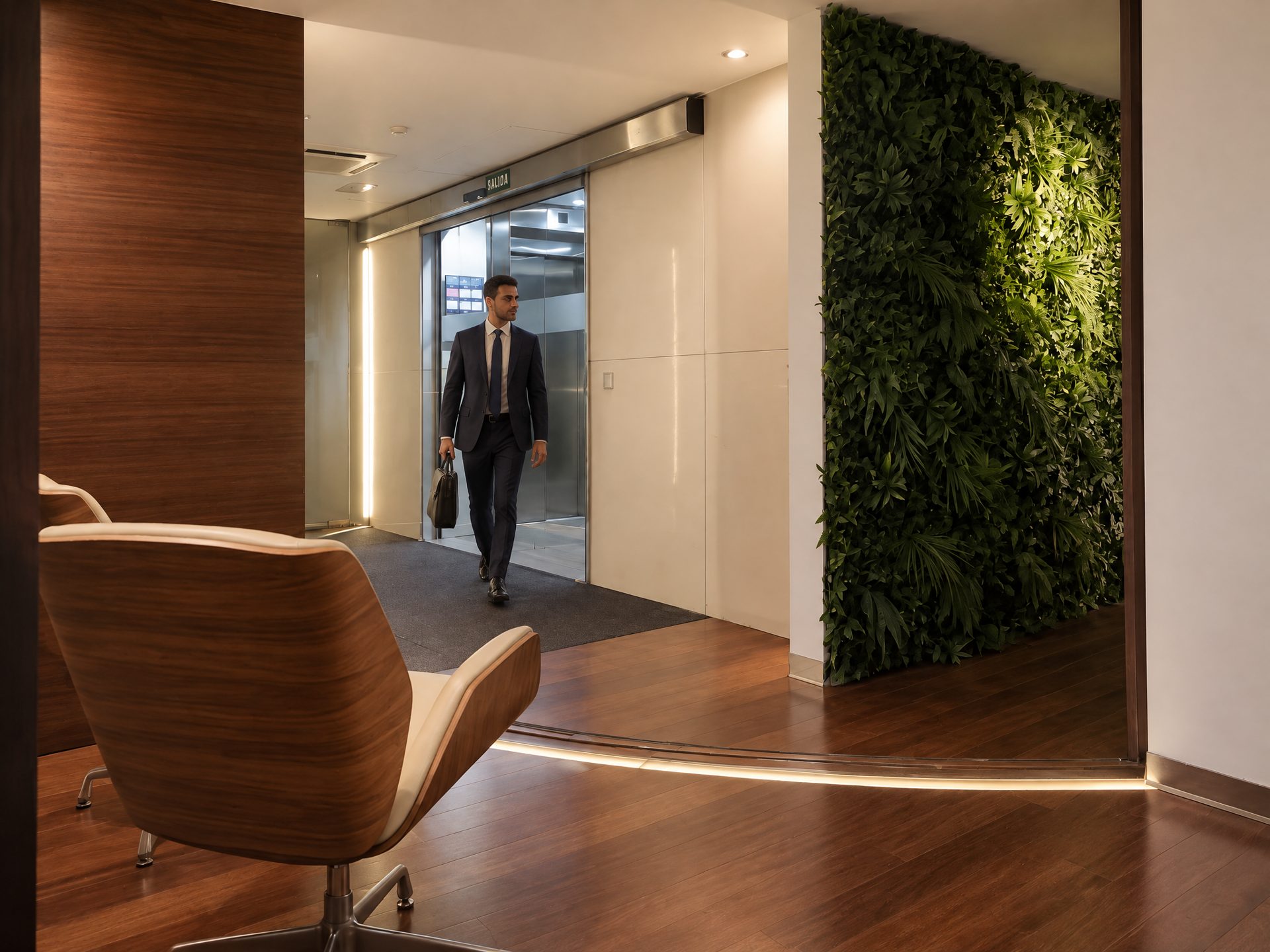 Recepción de J&M Despacho Técnico en la planta 12 del Edificio Hispania con un cliente llegando